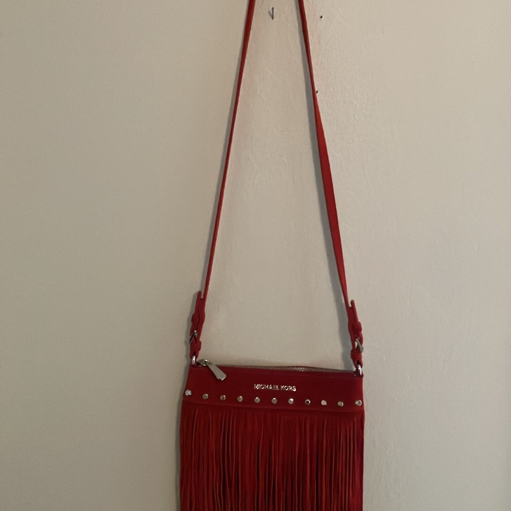 Michael Kors Red Studded Fringe Crossbody Bag